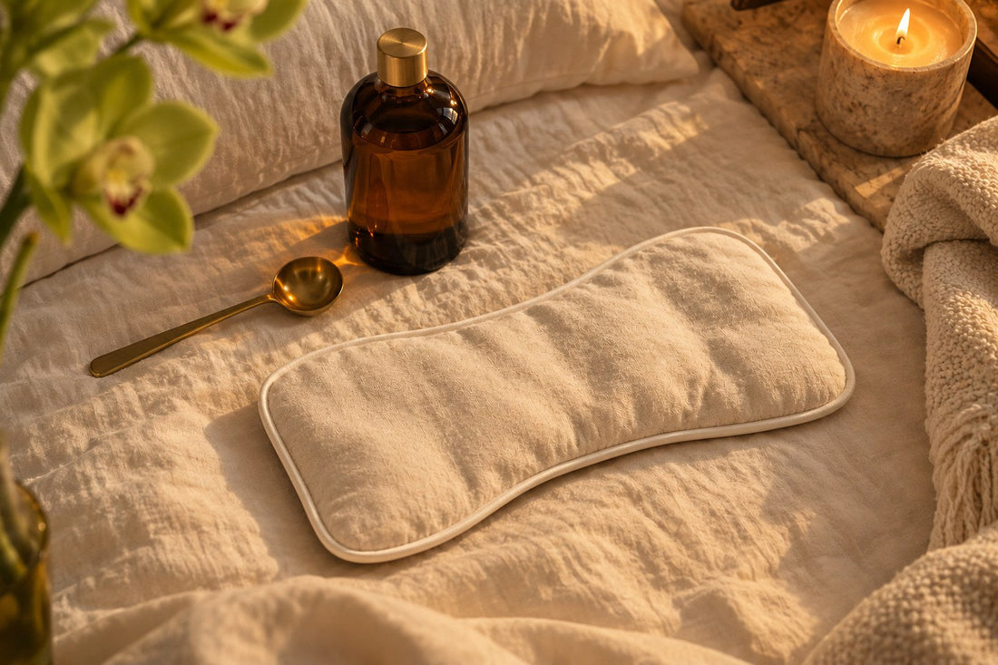 A cream organic cotton castor oil pack laid on linen bedding beside an amber bottle of castor oil, a gold spoon and a lit candle