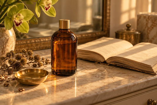 An amber glass bottle of castor oil on a marble vanity beside a brass dish, dried castor seed pods and an open antique book in golden light