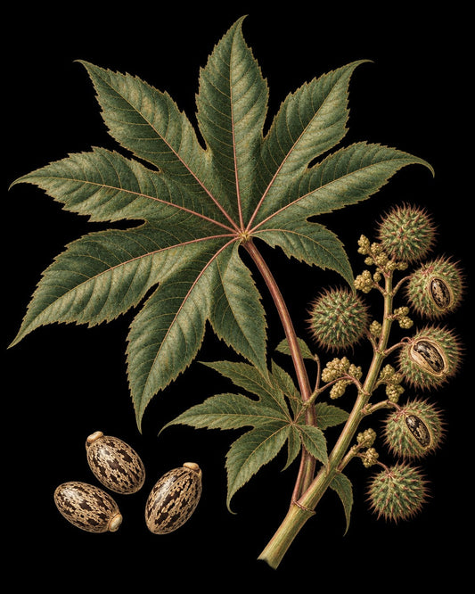 Botanical illustration of the castor plant with its hand-shaped leaf, seed pods and speckled seeds