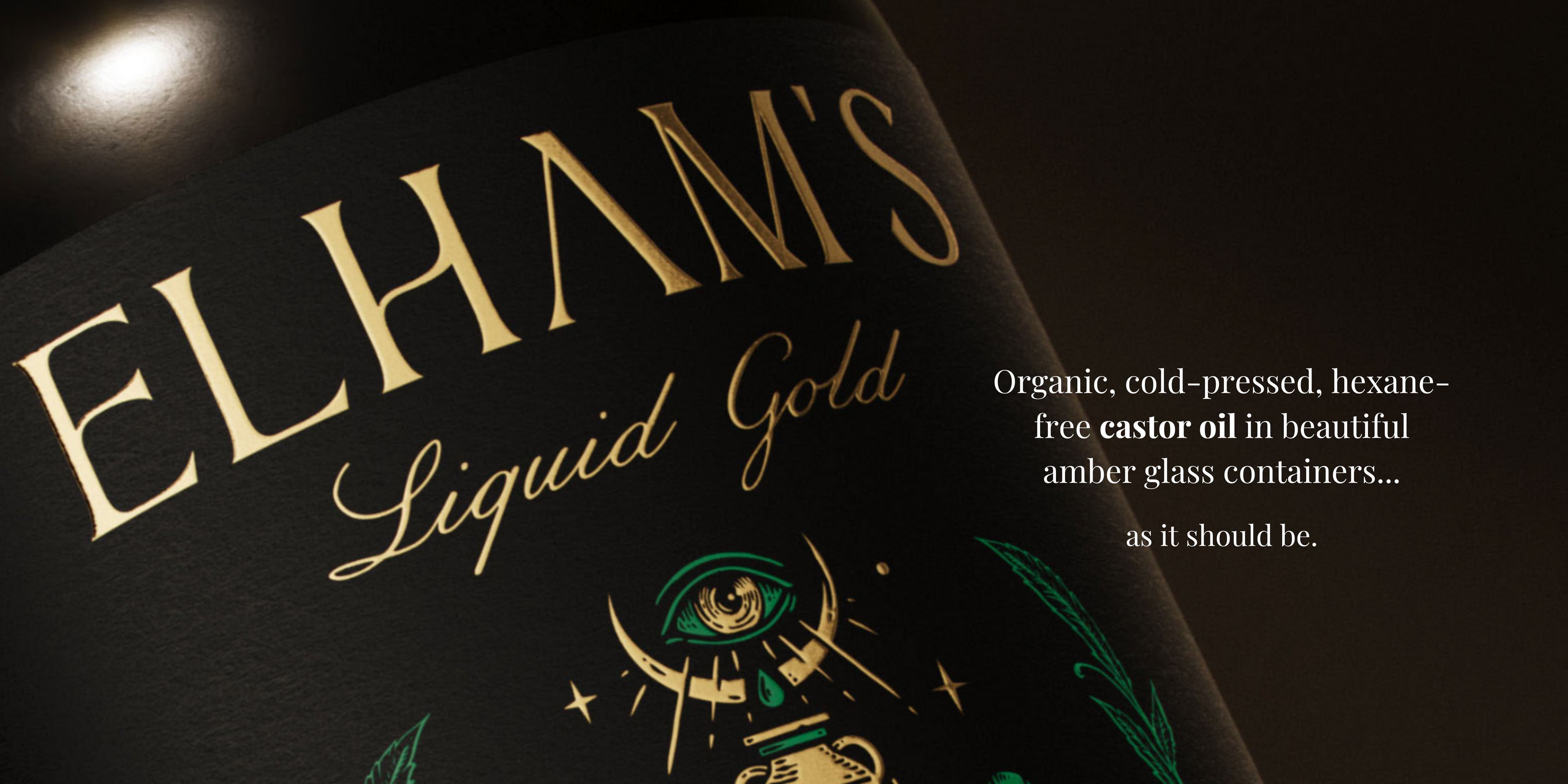 Elham's Liquid Gold 100% organic cold-pressed castor oil in an amber glass bottle